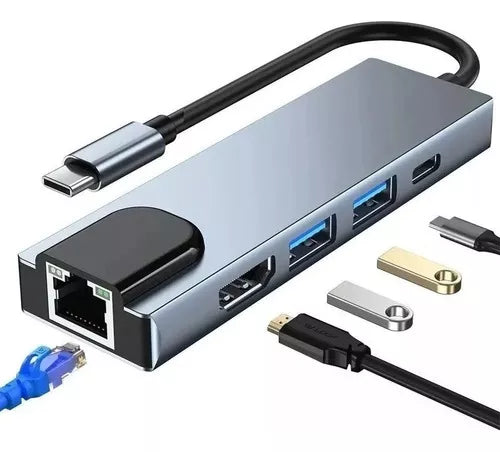 Adaptador 5 en 1 | HUB GEN. Type-C To RJ45 1HDMI-4K 2USB3.0 1Type-C Plateado