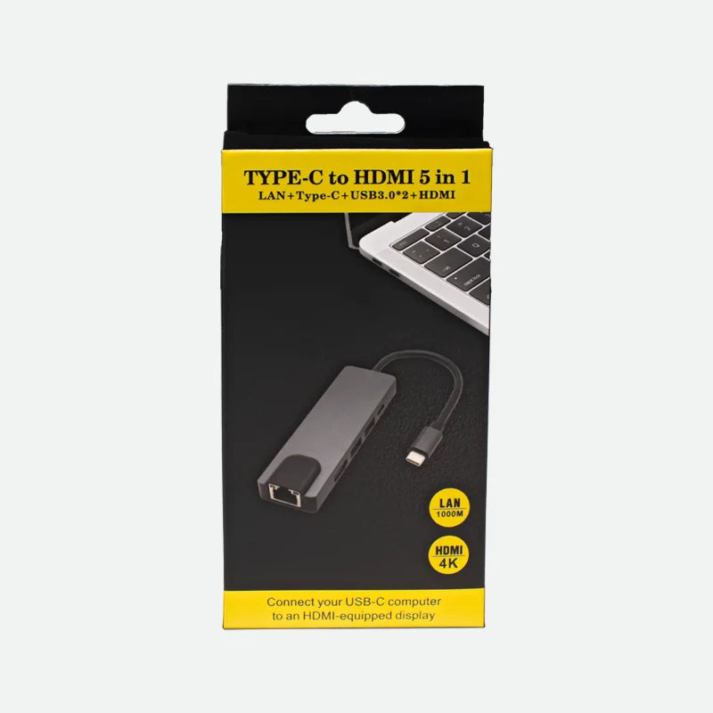 Adaptador 5 en 1 | HUB GEN. Type-C To RJ45 1HDMI-4K 2USB3.0 1Type-C Plateado